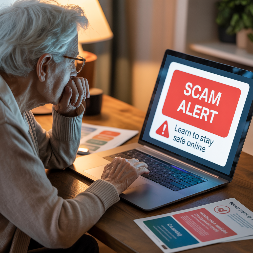 Scam alert warning on laptop with senior learning how to stay safe