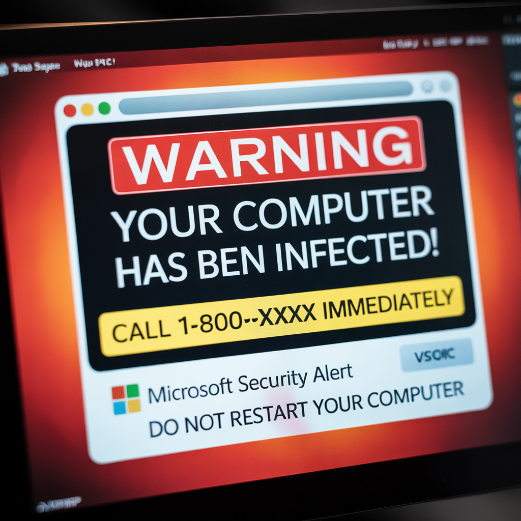 Tech support pop-up scam warning example