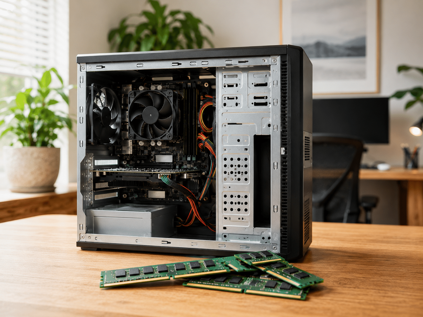 Memory modules beside an open desktop computer.
