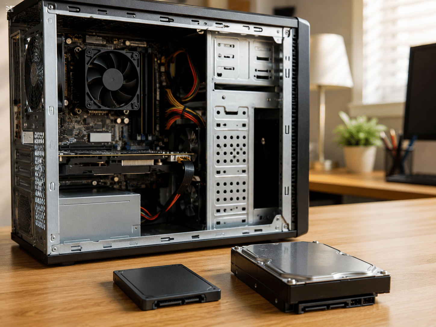 Solid-state drive beside an older hard drive.